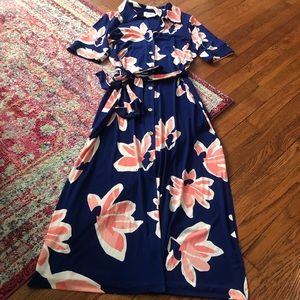 Leota blue waterlily print midi button shirt dress